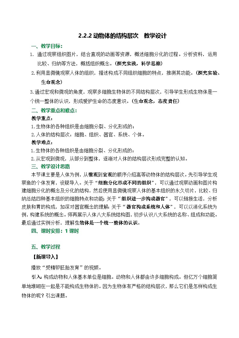 人教版（2024）生物七上：1.3.2 动物体的结构层次（课件+教案）01