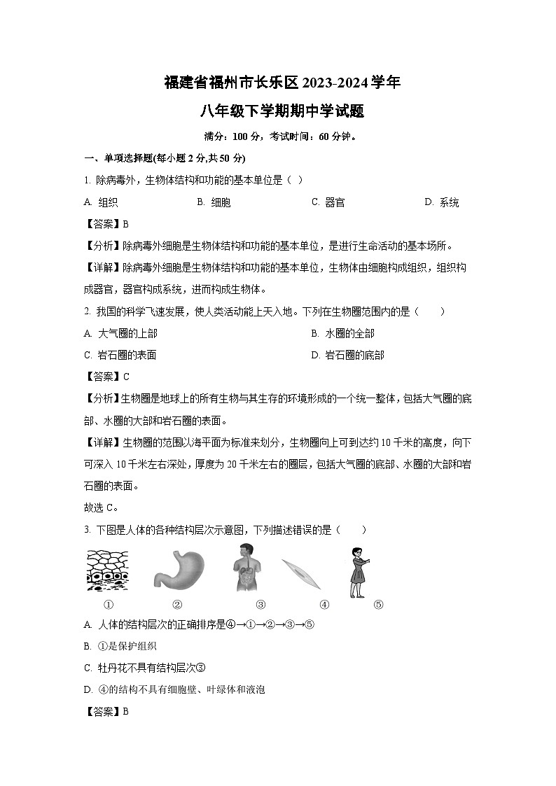 [生物][期中]福建省福州市长乐区2023-2024学年八年级下学期期中学试题(解析版)第1页