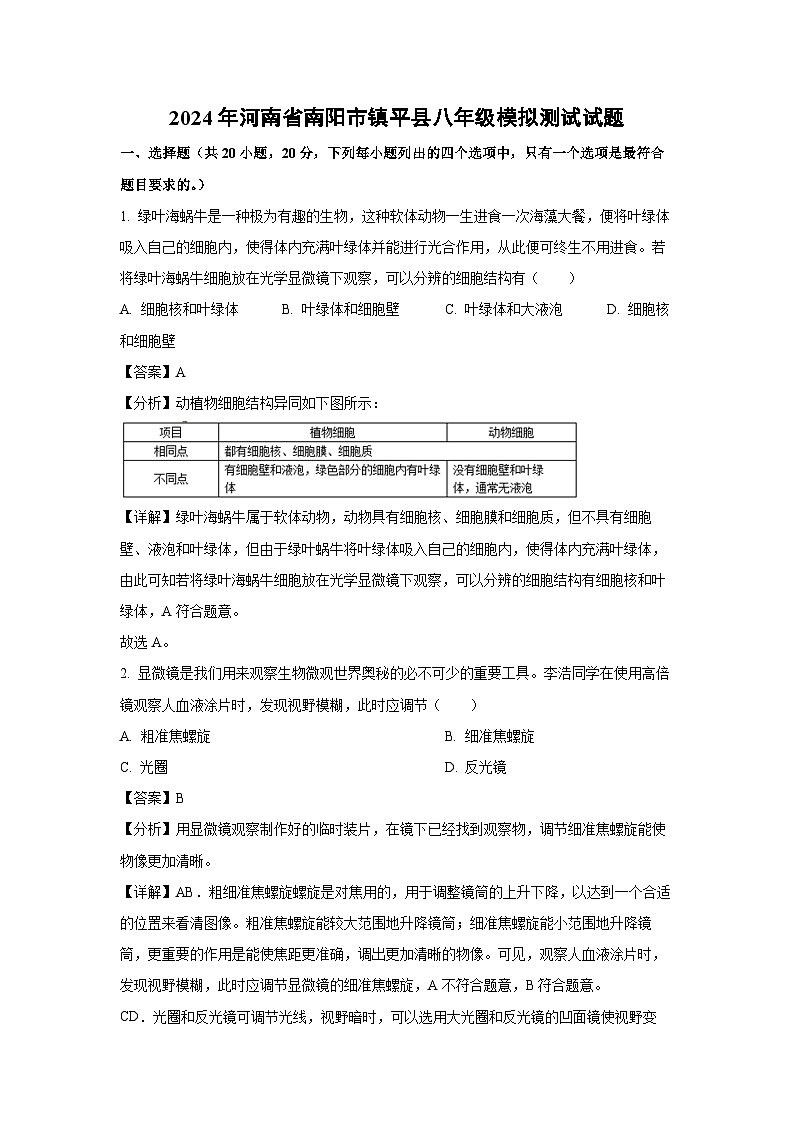 [生物]2024年河南省南阳市镇平县八年级中考模拟测试试题(解析版)第1页