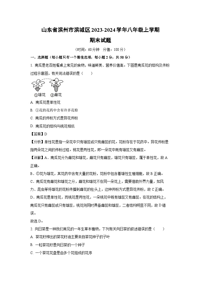 [生物][期末]山东省滨州市滨城区2023-2024学年八年级上学期期末试题(解析版)01
