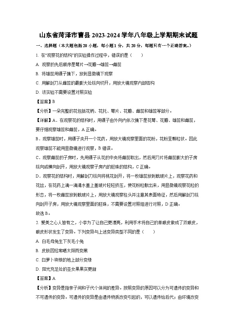 [生物][期末]山东省菏泽市曹县2023-2024学年八年级上学期期末试题(解析版)01