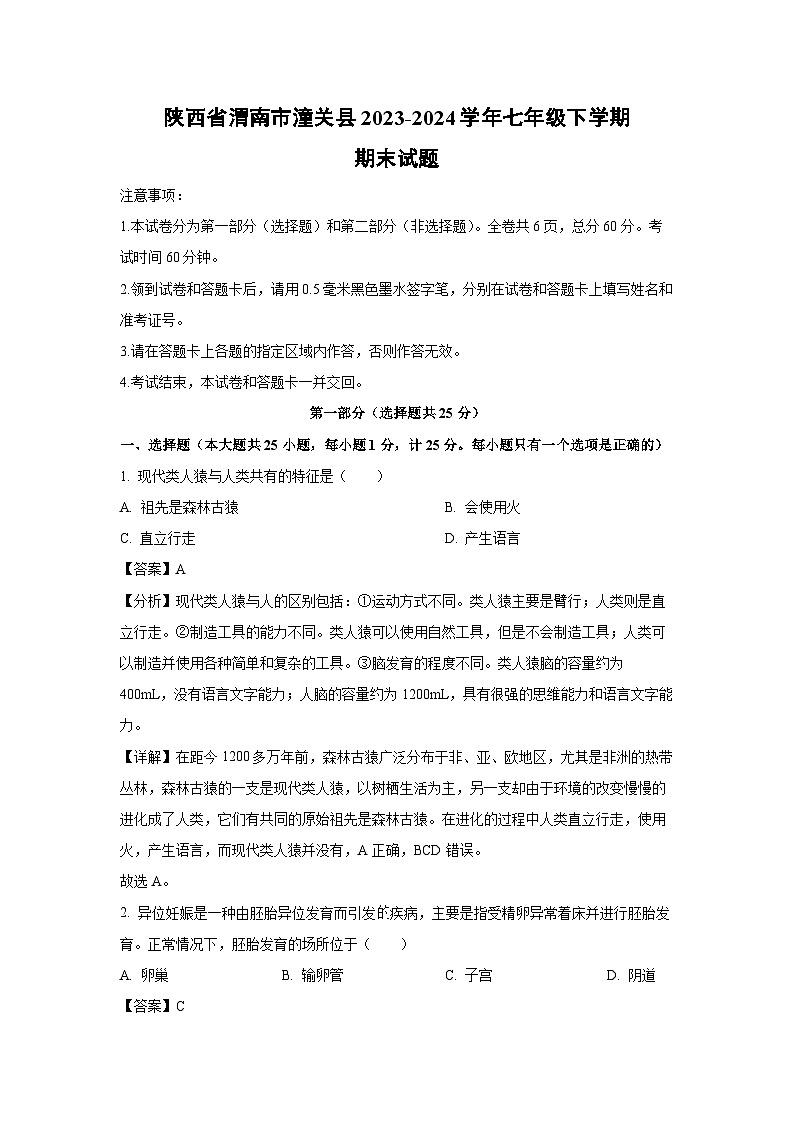 [生物][期末]陕西省渭南市潼关县2023-2024学年七年级下学期期末试题(解析版)第1页