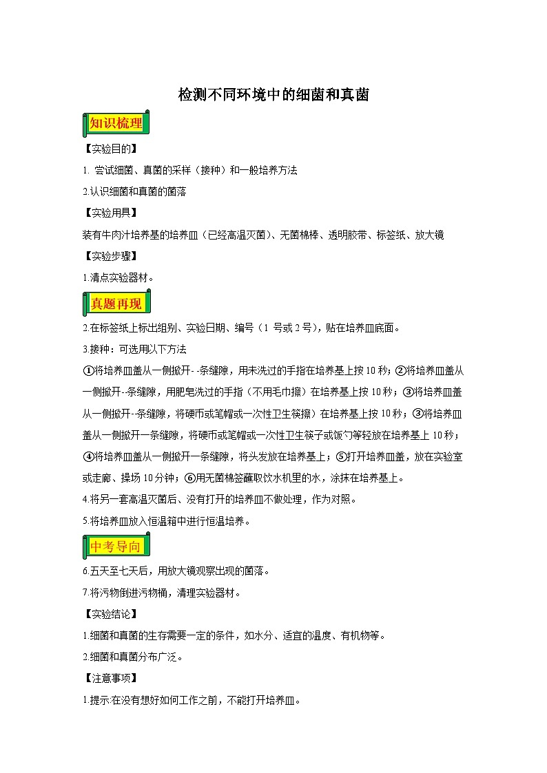 08 检测不同环境中的细菌和真菌-八年级实验-2024-2025学年度初中生物微专题实验探索学案第1页