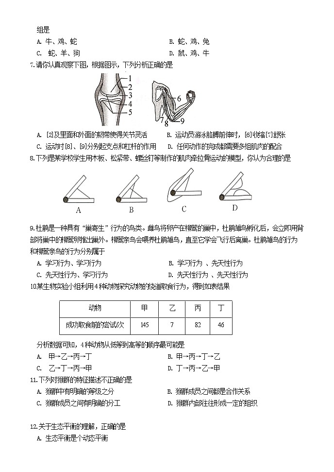 河南省郑州市中牟县2023-2024学年八年级上学期期末教学质量监测生物试卷02