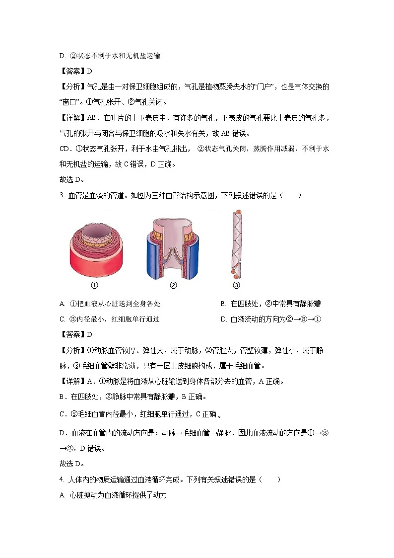 [生物][期末]北京市石景山区2020-2021学年七年级下学期期末试题(解析版)第2页