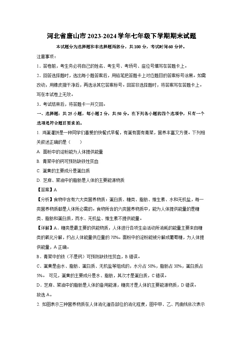 [生物][期末]河北省唐山市2023-2024学年七年级下学期期末试题(解析版)01