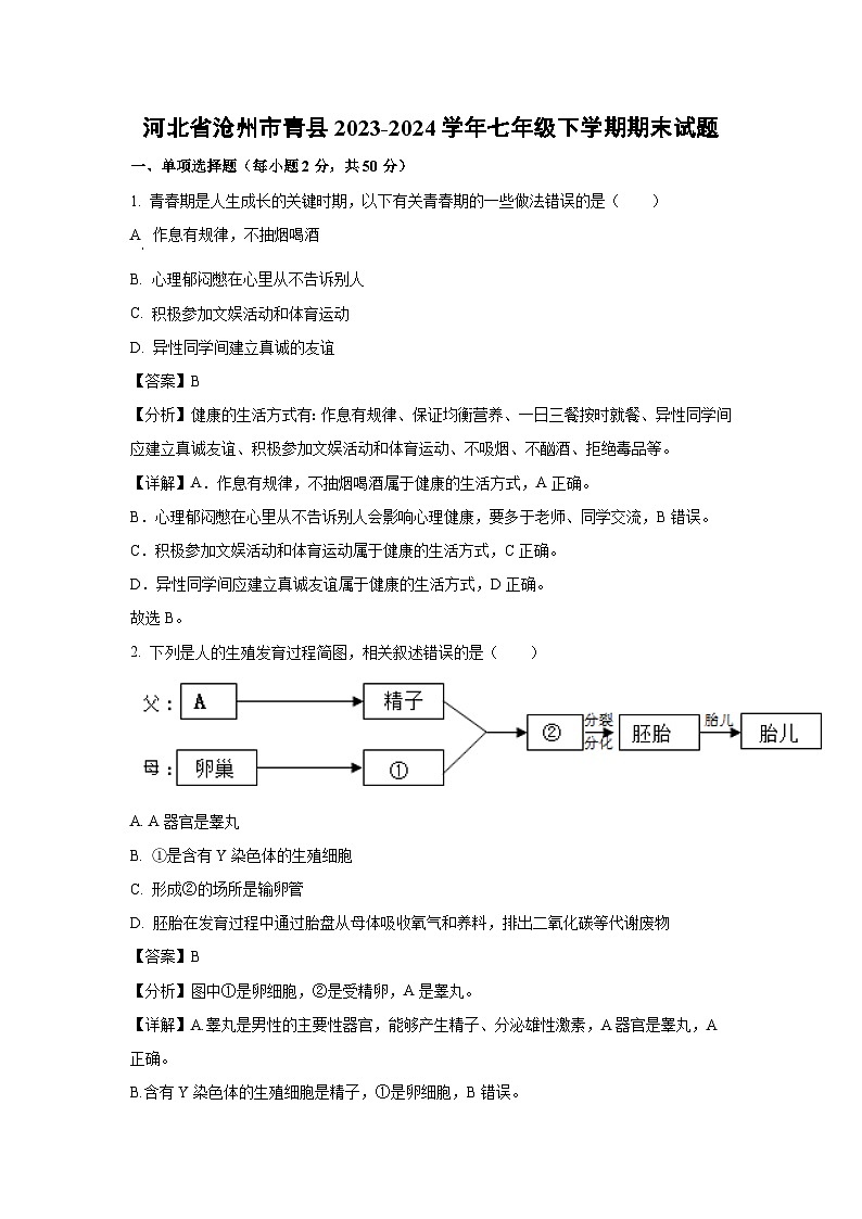 [生物][期末]河北省沧州市青县2023-2024学年七年级下学期期末试题(解析版)第1页