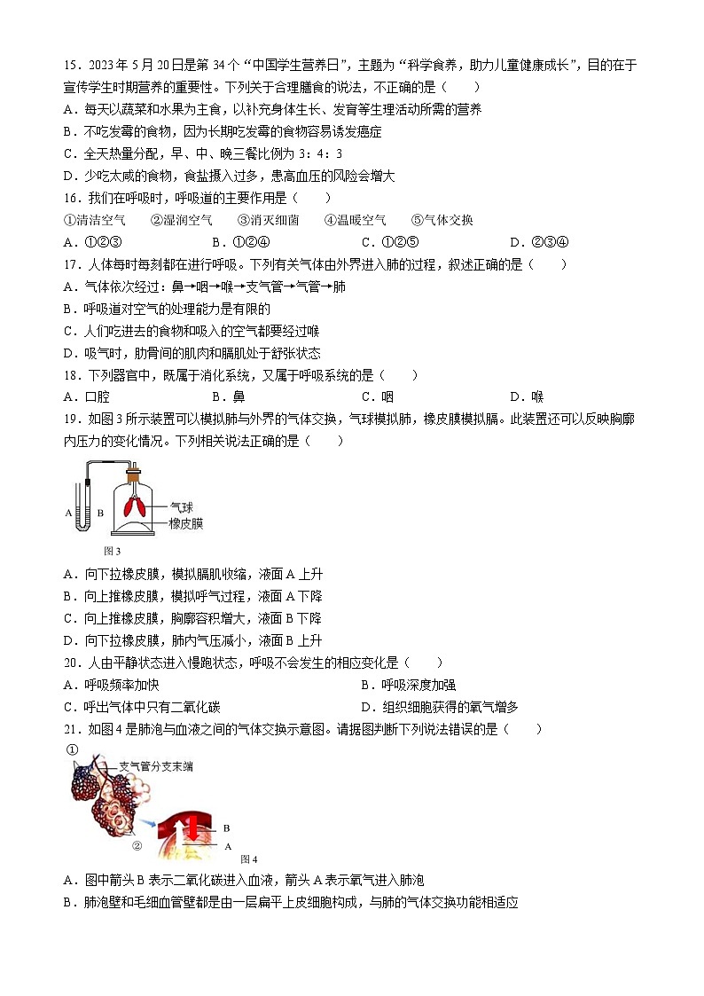 广西桂林市第一中学2023-2024学年七年级下学期期中质量检测生物试卷(无答案)03