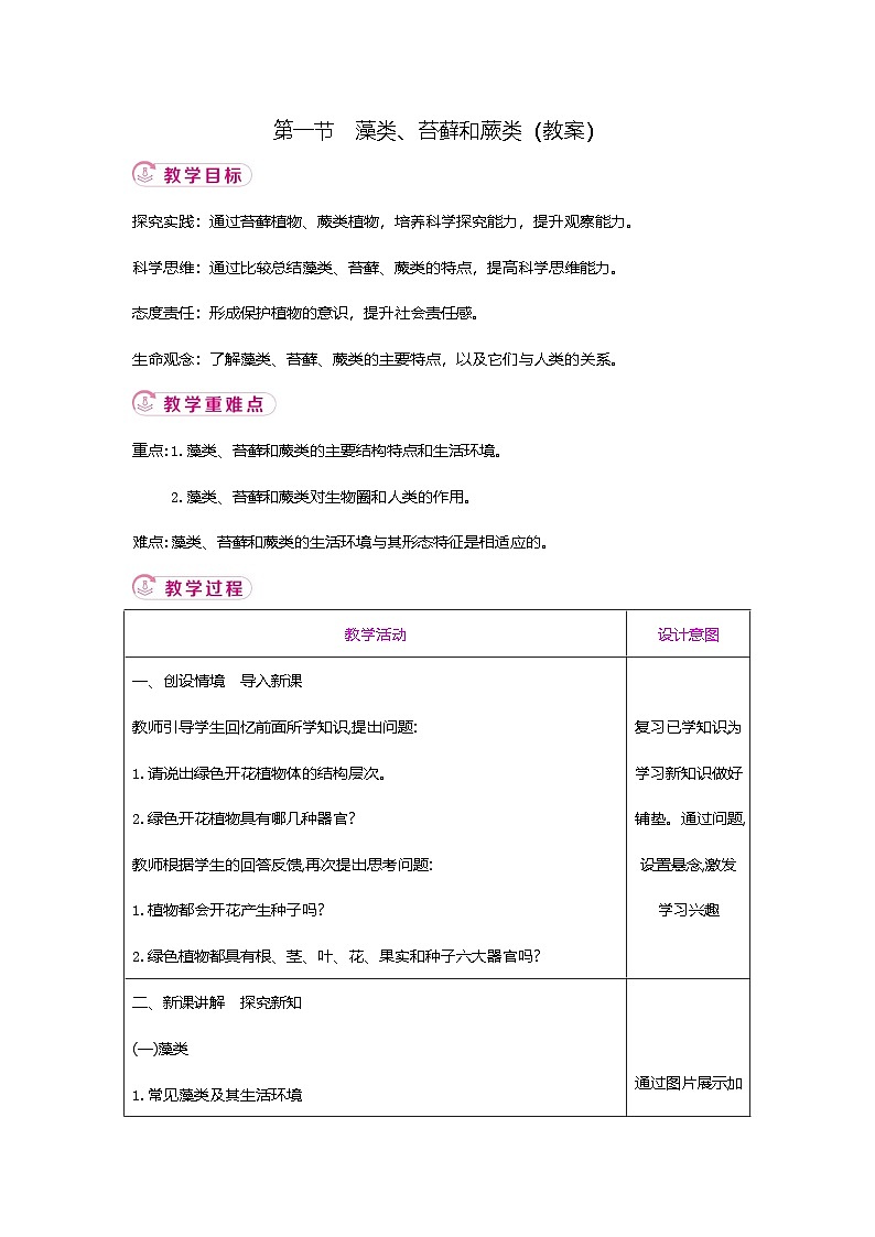 【新教材新课标】人教版生物七上2.1.1藻类、苔藓和蕨类 课件+教案+习题（含答案）01