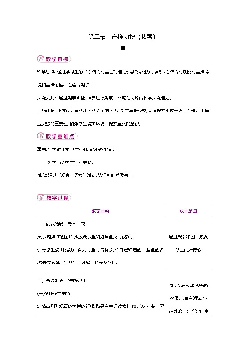 【新教材新课标】人教版生物七上2.2.2脊椎动物--鱼 课件+教案+习题（含答案）01