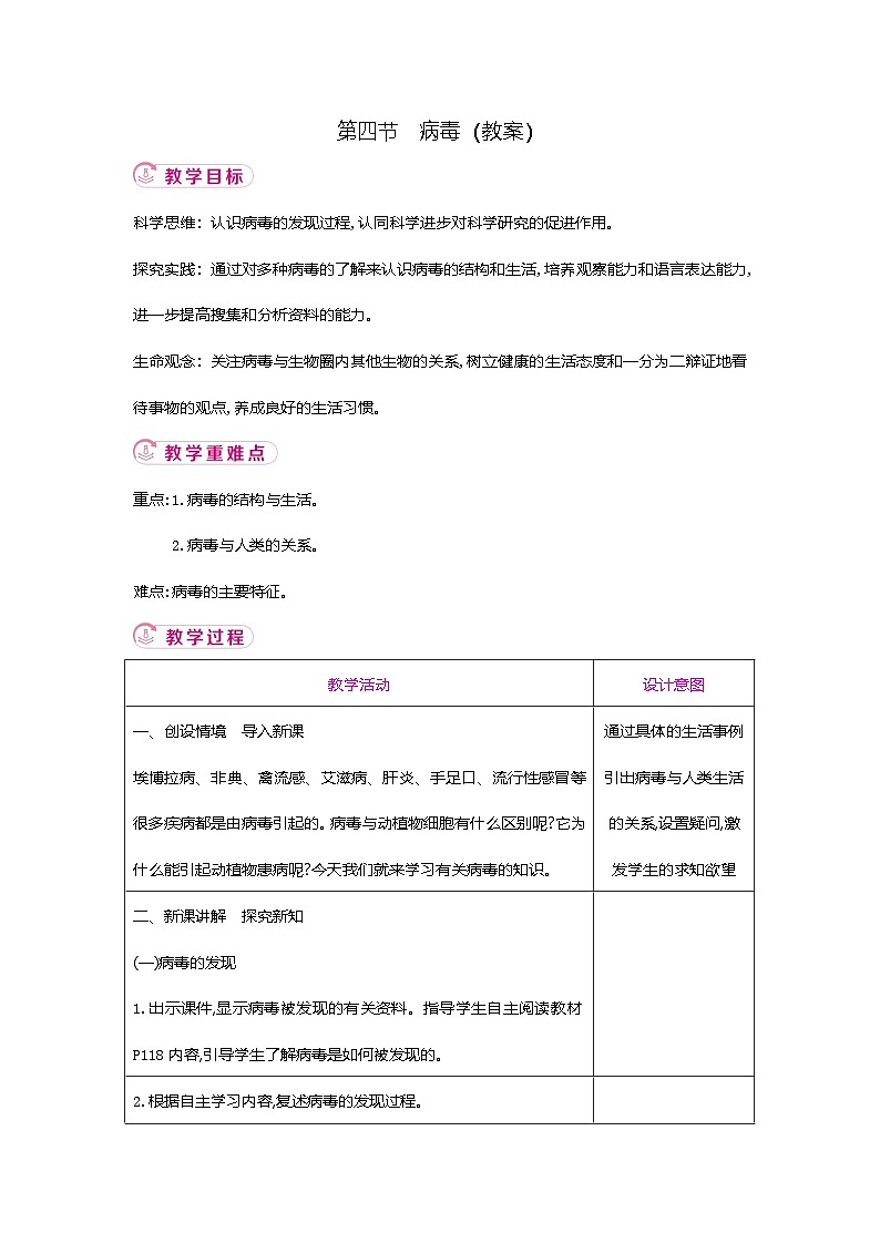 【新教材新课标】人教版生物七上2.3.4病毒 课件+教案+习题 （含答案）01