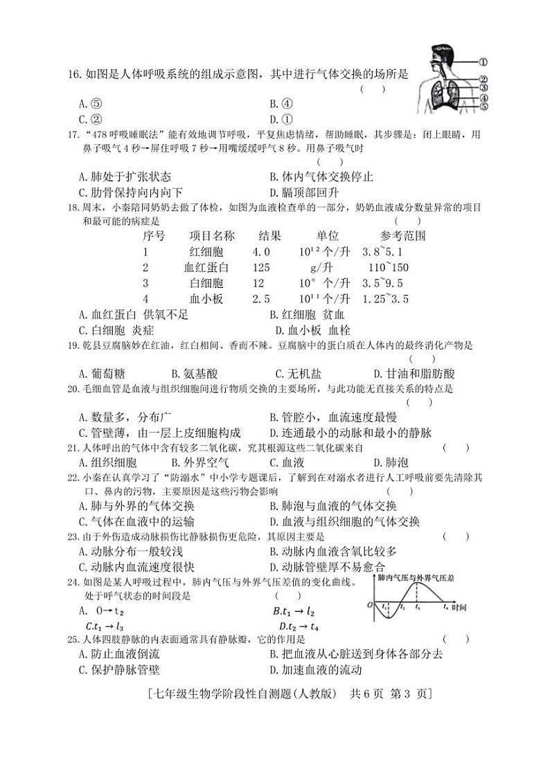 [生物][期中]陕西省咸阳市兴平市2023—2024学年七年级下学期期中考试试题(有答案)第3页
