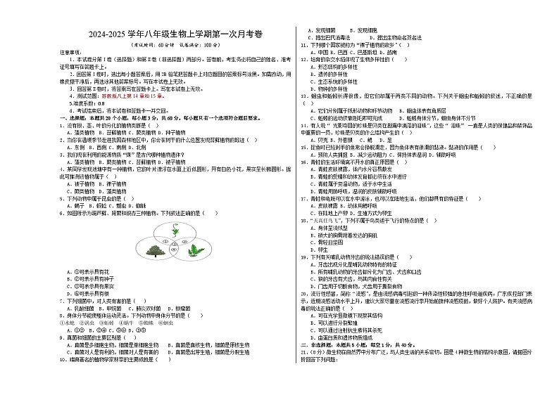 八年级生物第一次月考卷（考试版A3）【测试范围：第14章和15章】（苏教版）第1页