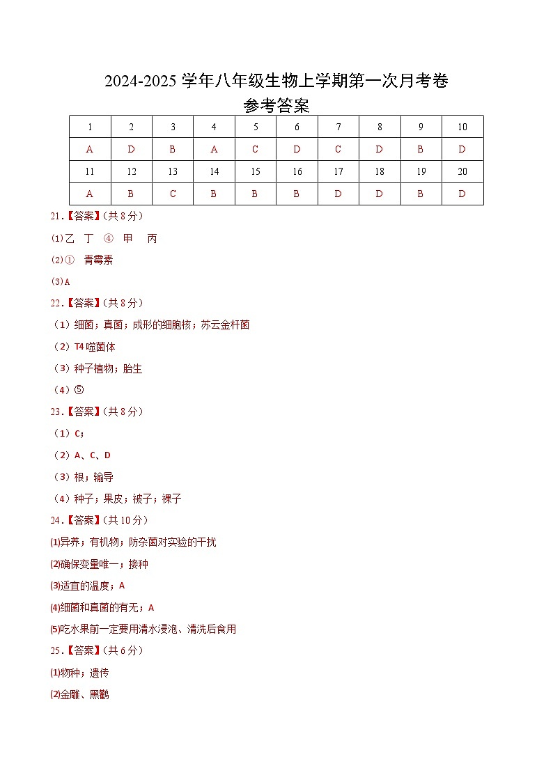 八年级生物第一次月考卷（参考答案）第1页
