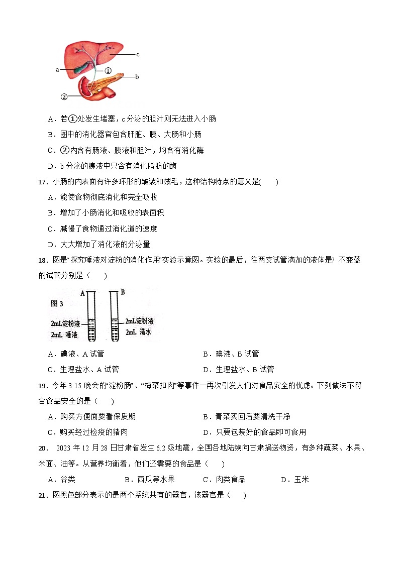 广西壮族自治区柳州市柳江区2023-2024学年七年级下学期期中考试生物卷03