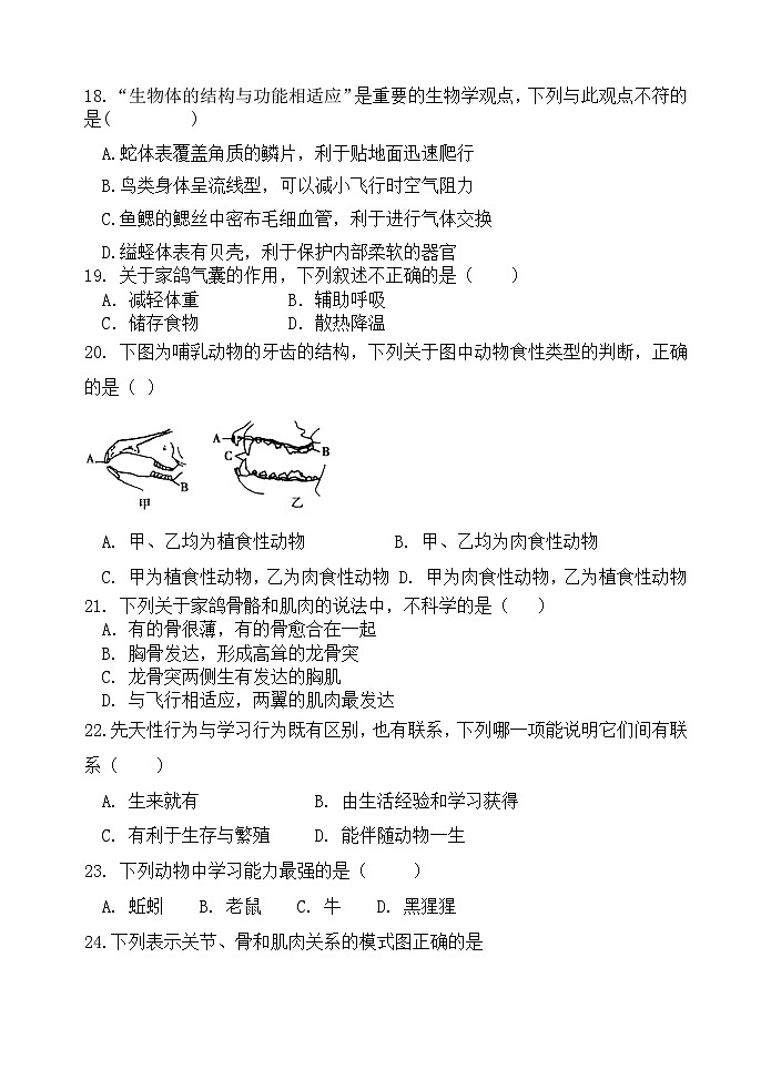四川省达州市铁路中学2023-2024学年八年级上学期期中检测生物试卷03