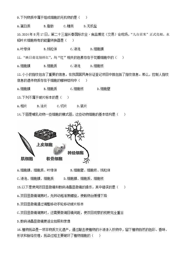 吉林省松原市前郭一中、前郭三中、前郭萨日朗学校2024—2025学年七年级上学期阶段性学业水平检测 第一次考试 生物试题03