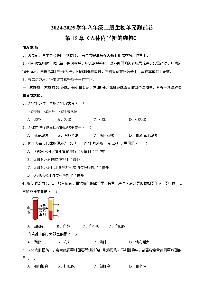 2024-2025学年八年级上册生物第15章《人体内平衡的维持》测试卷（苏科版）01