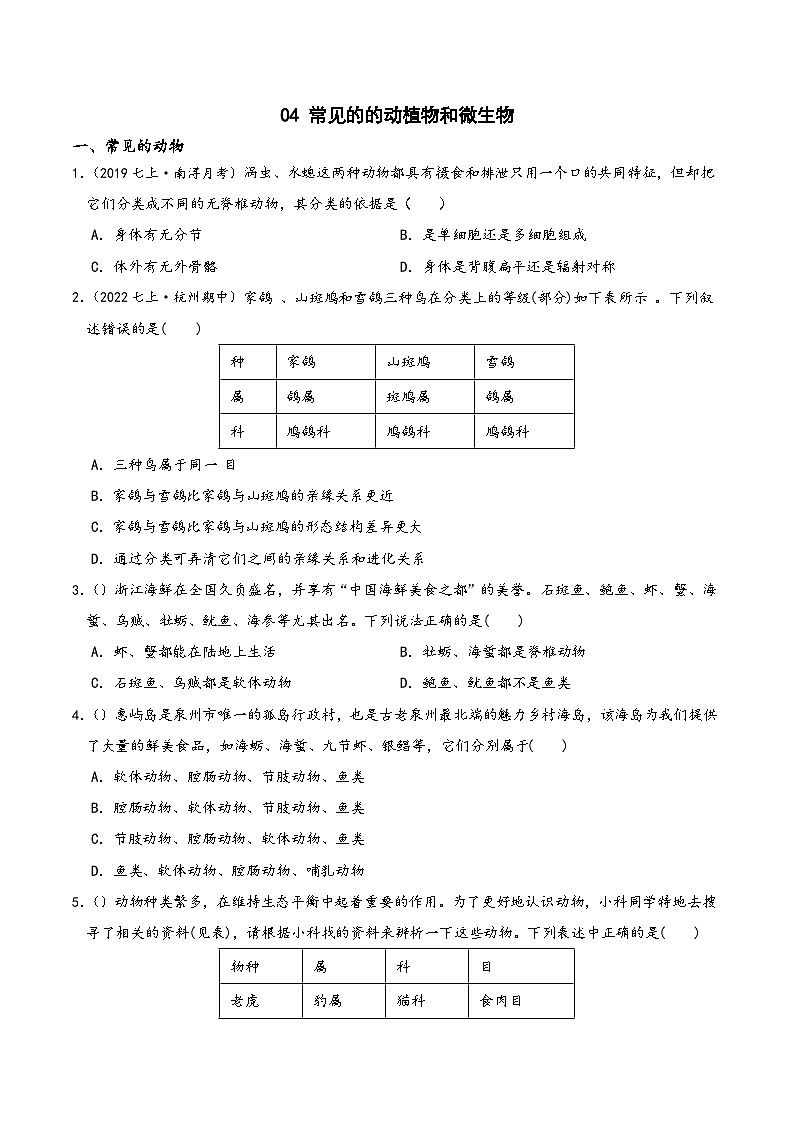 浙教版七年级科学上学期期末培优冲刺专题04常见的的动植物和微生物专题特训(原卷版+解析)01