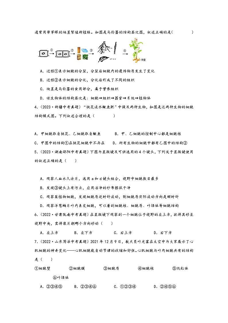 中考科学三年(2021-2023)真题分项汇编(浙江专用)专题37生物体的结构层次专题特训(原卷版+解析)第2页