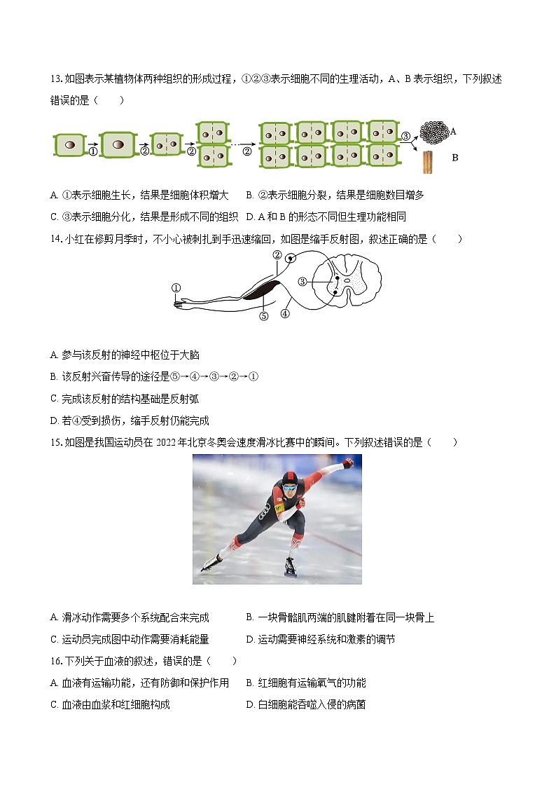 2023年重庆市渝北区中考生物试卷（含答案解析）03