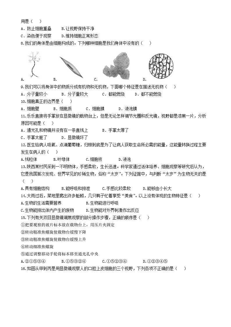 吉林省长春外国语学校2024-2025学年七年级上学期9月月考生物试题第2页