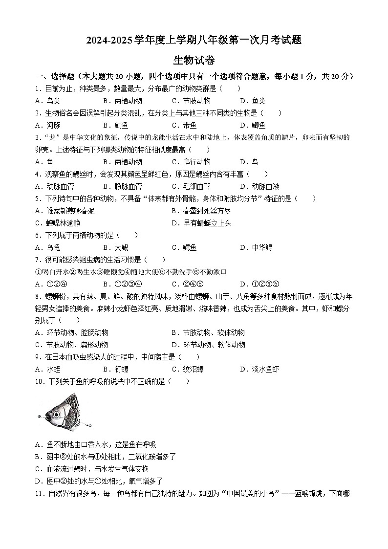 黑龙江省哈尔滨市双城区乐群乡中学2024-2025学年八年级上学期9月月考生物试题第1页