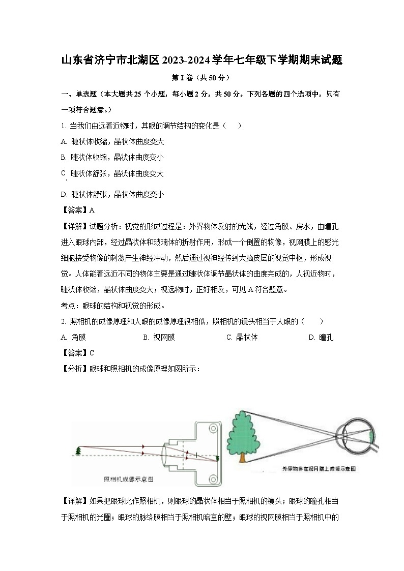 [生物][期末]山东省济宁市北湖区2023-2024学年七年级下学期期末试题(解析版)第1页