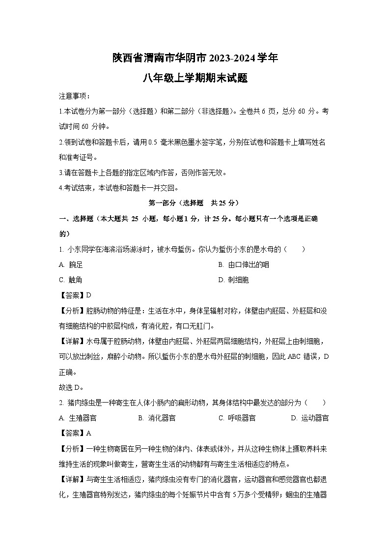 [生物][期末]陕西省渭南市华阴市2023-2024学年八年级上学期期末试题(解析版)第1页