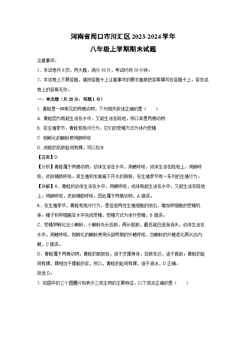 【生物】河南省周口市川汇区2023-2024学年八年级上学期期末试题（解析版）01