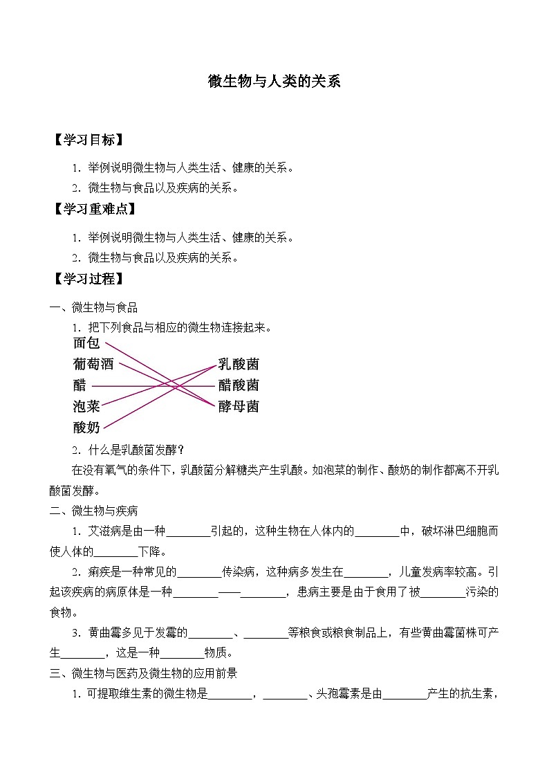 北师大版生物八年级上册18.2微生物与人类的关系学案01