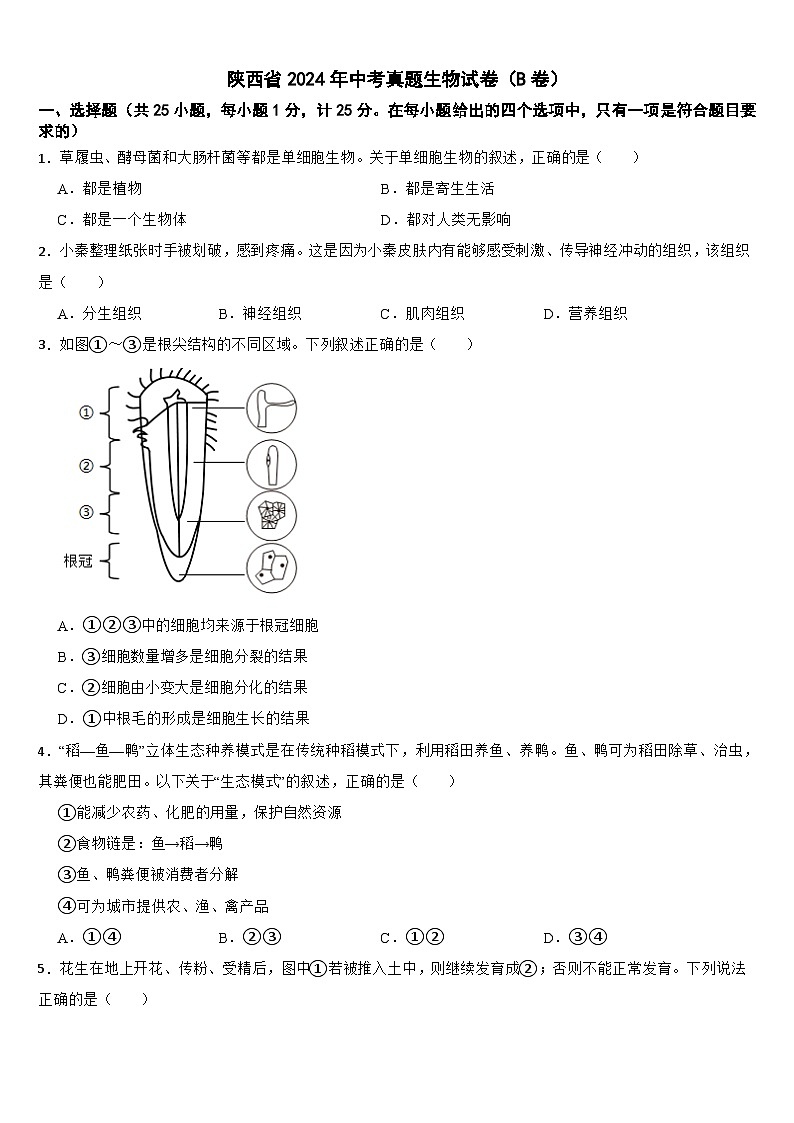 陕西省2024年中考真题生物试卷（B卷）【附真题答案】第1页