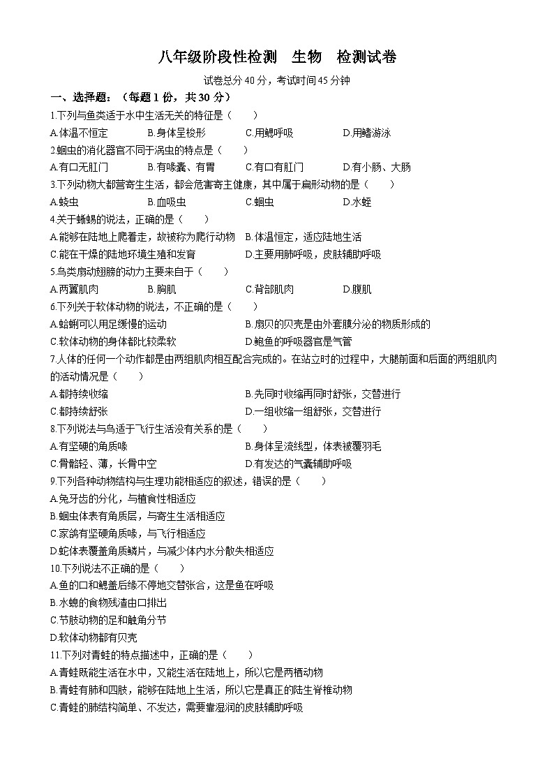山东省青岛市城阳第九中学2024-—2025学年八年级上学期10月阶段性检测生物检测试卷(无答案)第1页