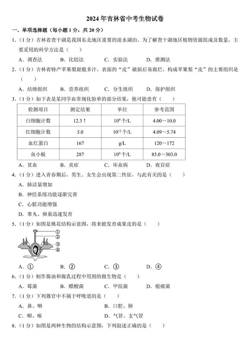 2024年吉林省中考生物试卷二套合卷(附参考答案)第1页