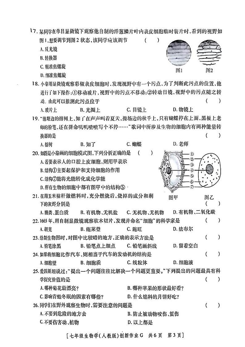 陕西省咸阳市永寿县御家宫中学2024-2025学年七年级上学期9月月考第一阶段创新作业生物学试题第3页