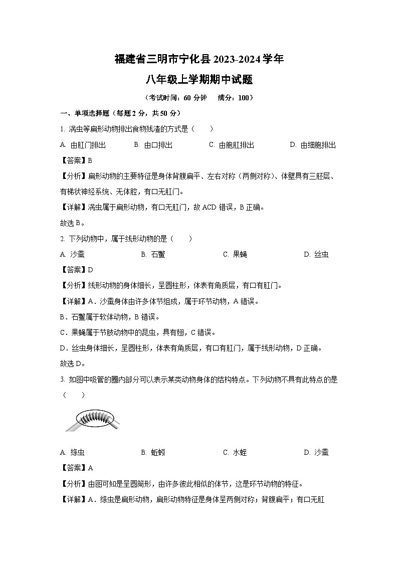 [生物]福建省三明市宁化县2023-2024学年八年级上学期期中试题(解析版)第1页
