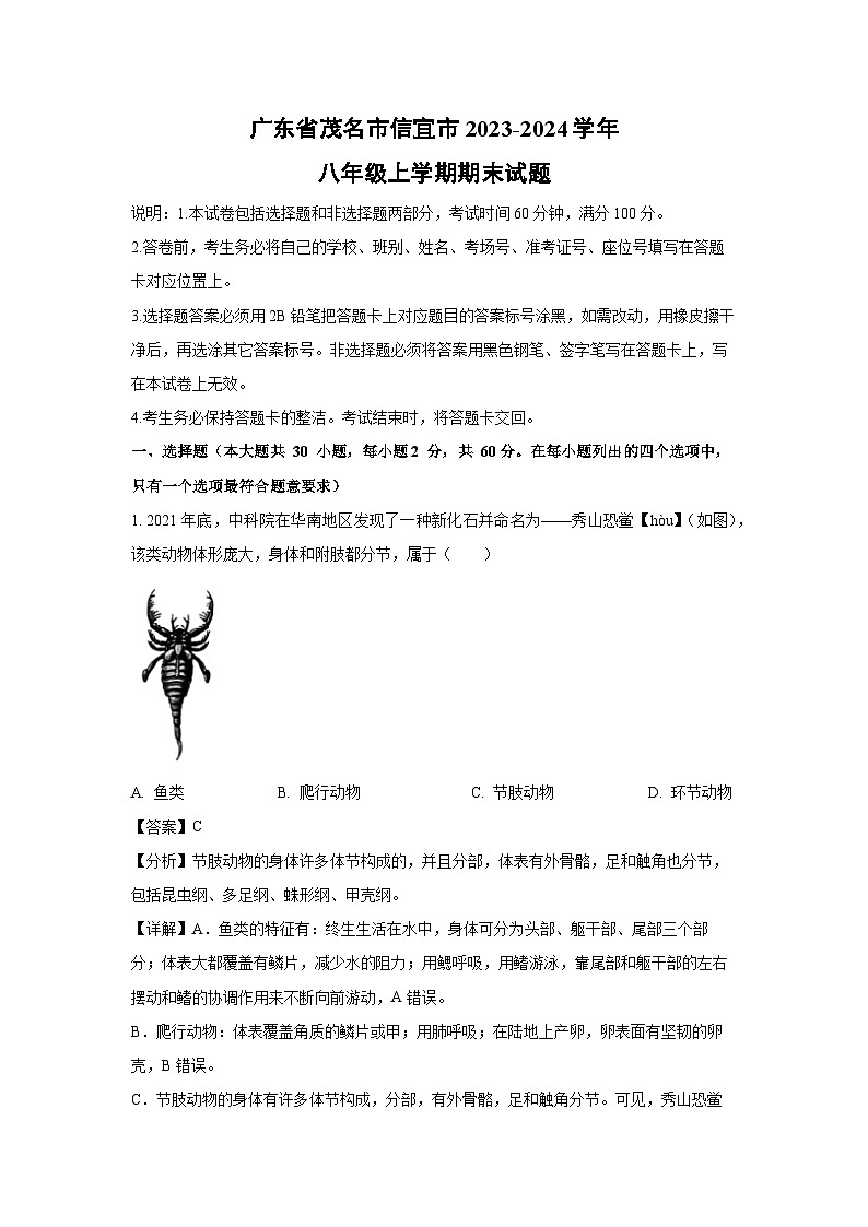 [生物]广东省茂名市信宜市2023-2024学年八年级上学期期末试题(解析版)01