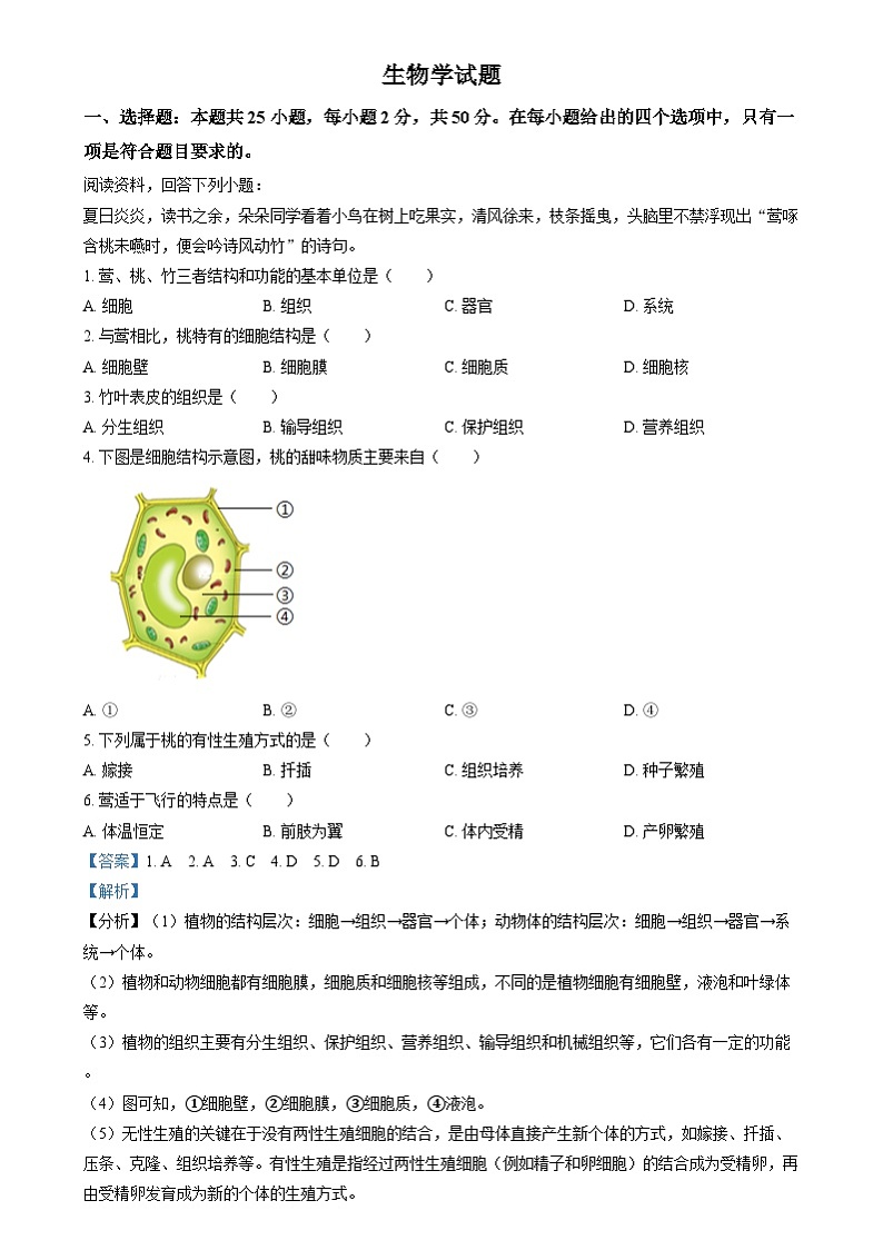 2024年福建省中考生物真题（解析版）第1页