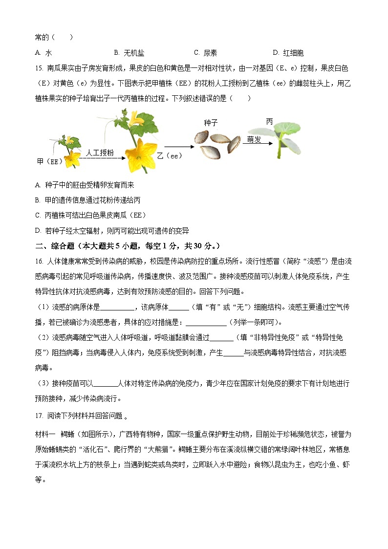 2024年广西中考生物真题（原卷版）03