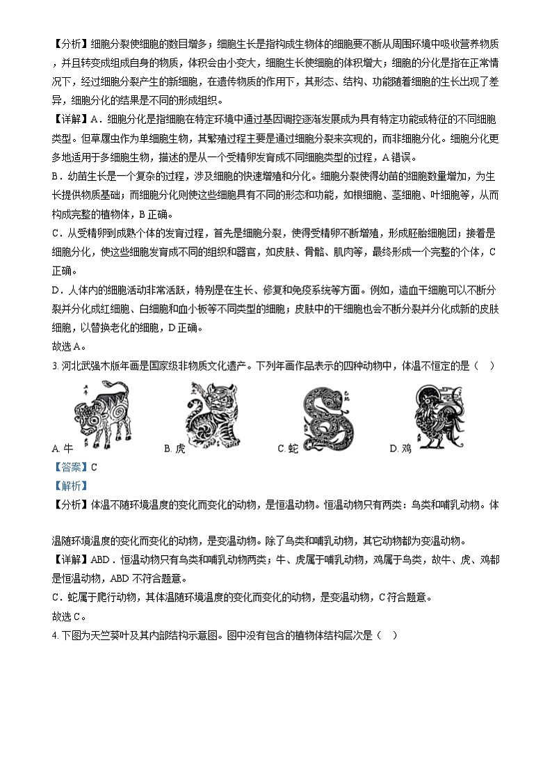 2024年河北省八年级中考生物真题（解析版）02