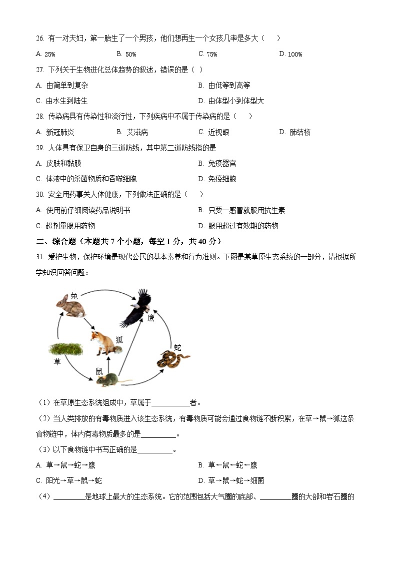 2024年黑龙江省绥化市中考生物真题（原卷版）第3页
