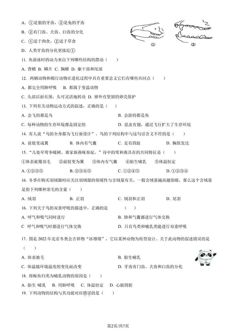 河北省保定市雄县第一初级实验中学2024-2025学年八年级上学期第一次月考生物试题第2页