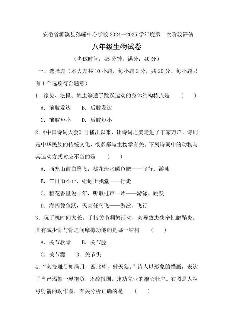 [生物]安徽省淮北市濉溪县孙疃中心学校2024～2025学年八年级上学期9月月考试题(有答案)第1页