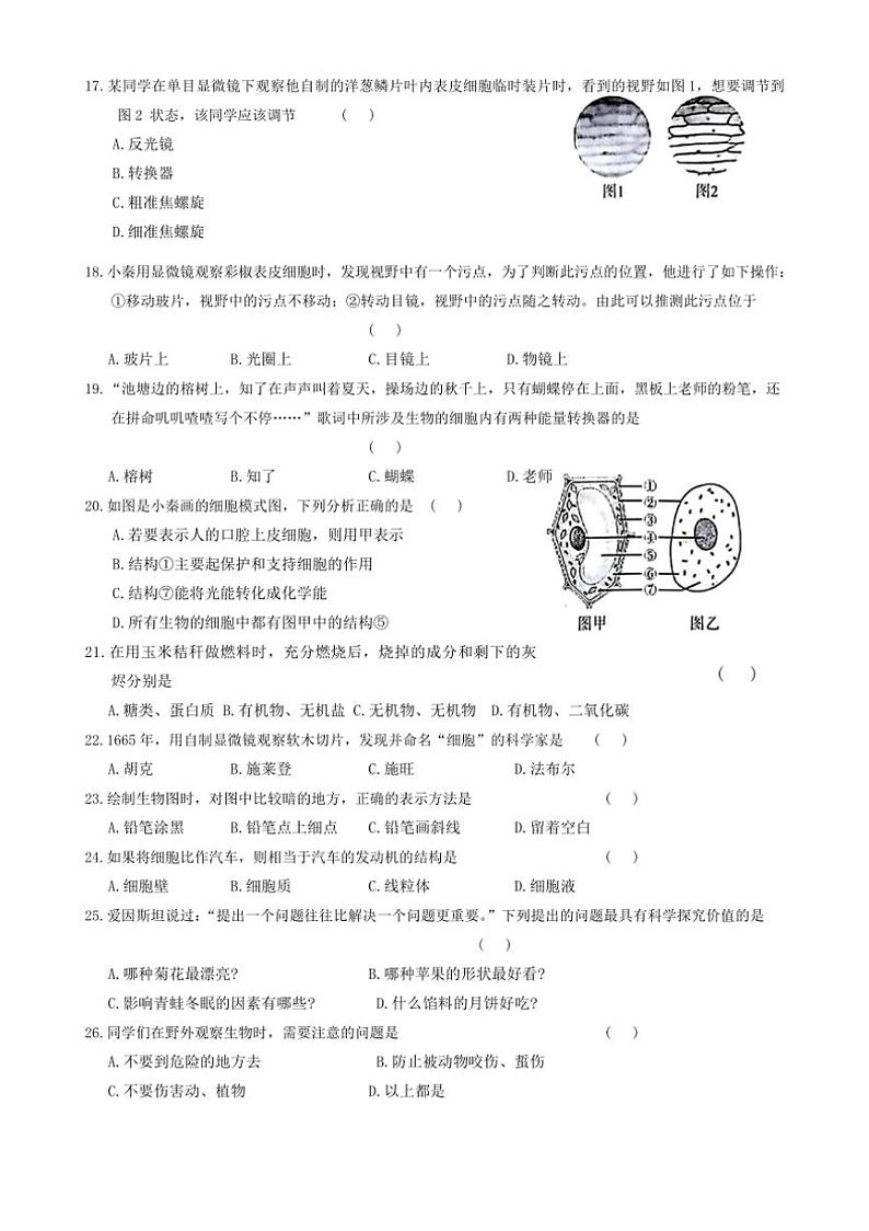 [生物]陕西省咸阳市永寿县御家宫中学2024～2025学年七年级上学期9月月考第一阶段创新作业学试题(有答案)第3页