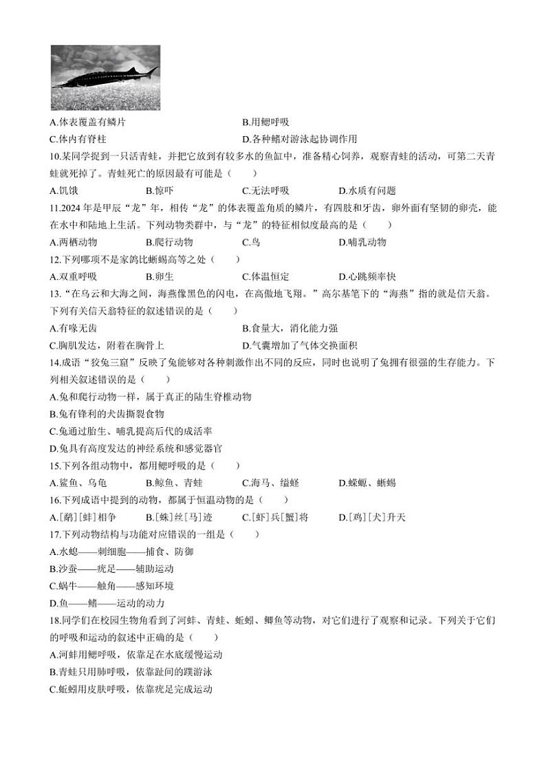 [生物]贵州省贵阳市南明区小碧中学2024～2025学年八年级上学期9月月考试题(有答案)第2页