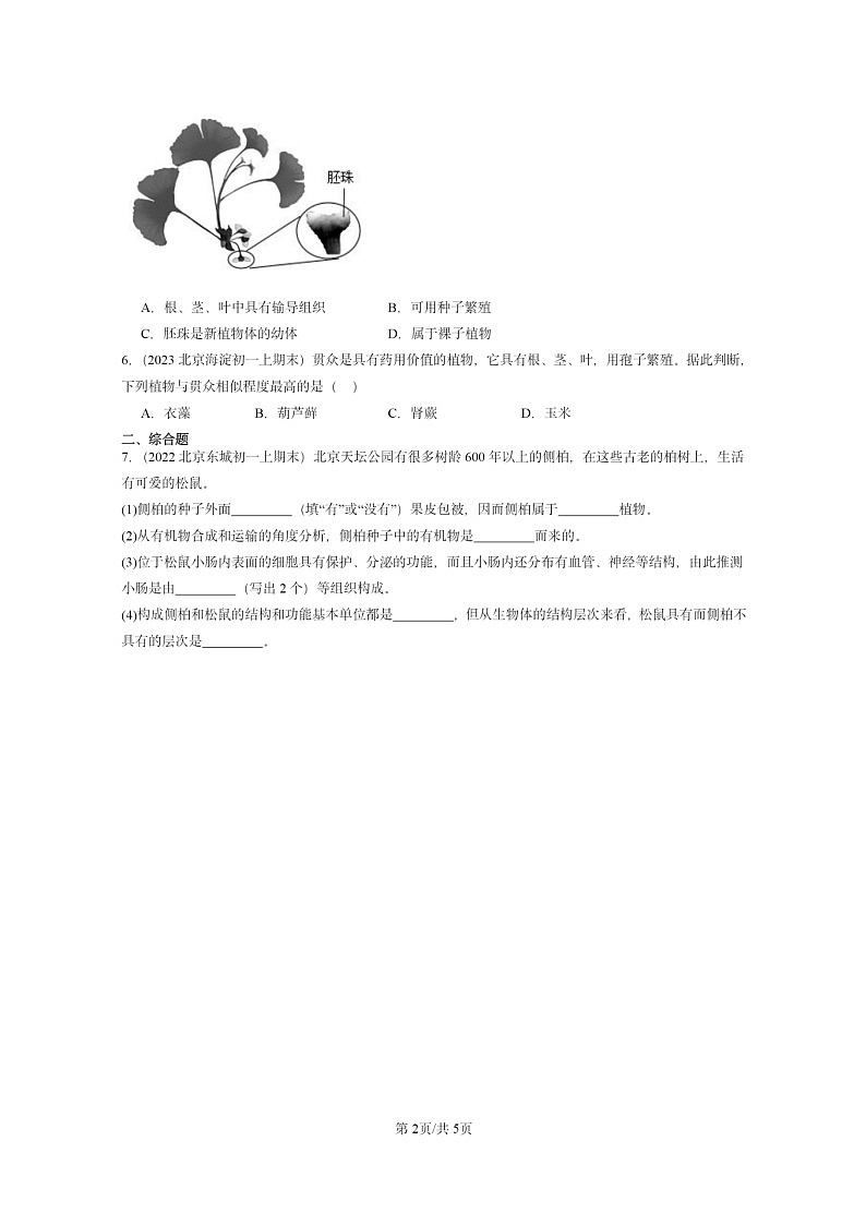 [生物]2022～2024北京重点校初一上学期期末真题分类汇编：种子植物第2页