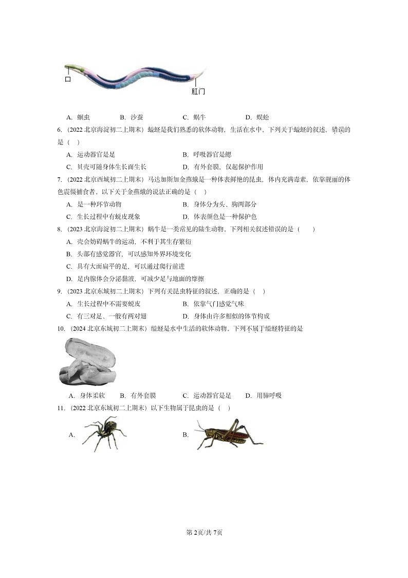 [生物]2022～2024北京重点校初二上学期期末真题分类汇编：软体动物和节肢动物第2页