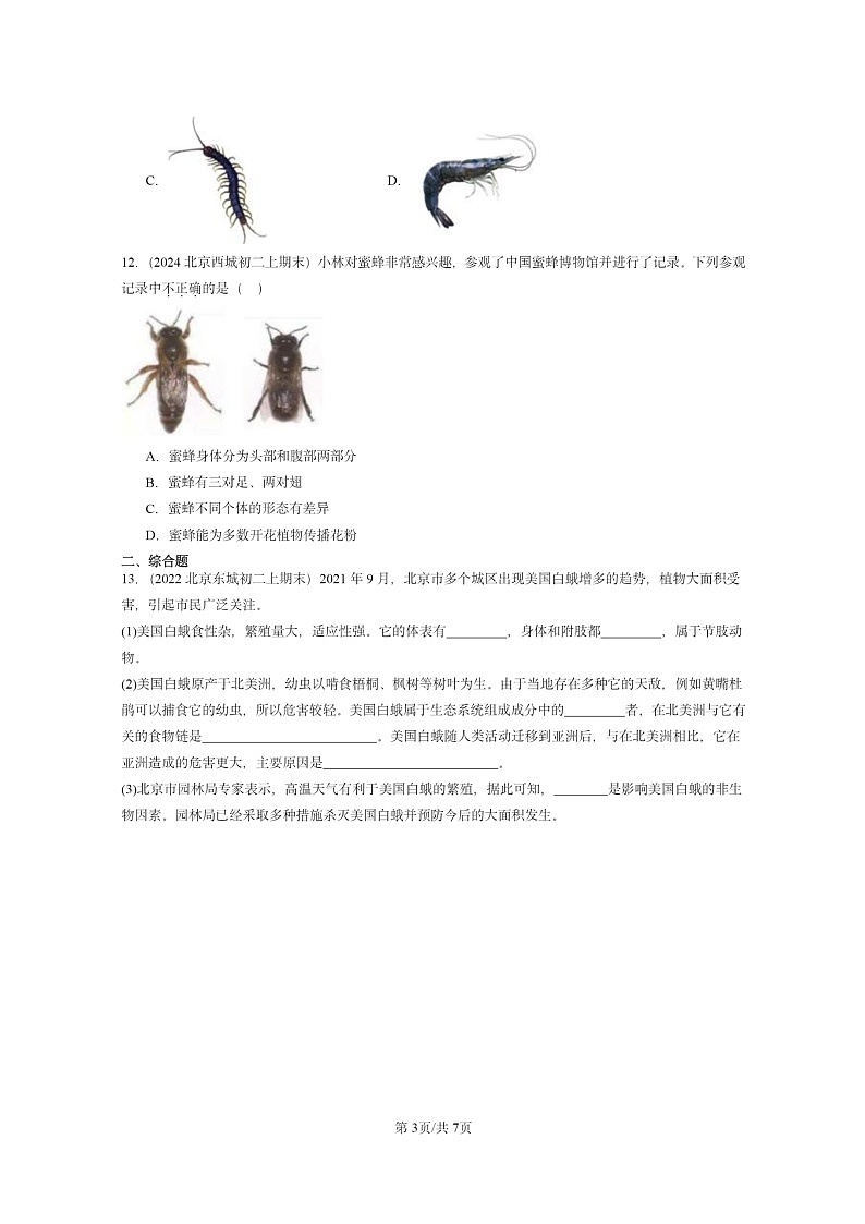 [生物]2022～2024北京重点校初二上学期期末真题分类汇编：软体动物和节肢动物第3页