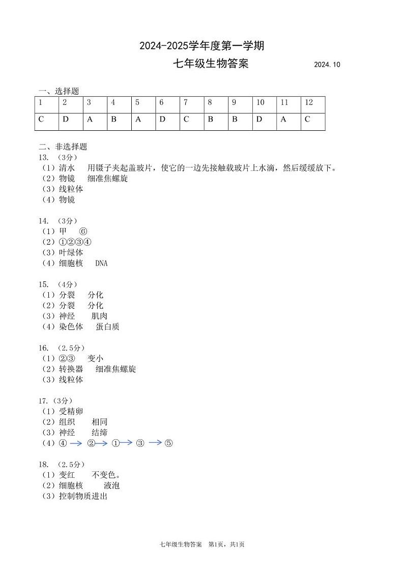 辽宁省大连市瓦房店市2024-2025学年七年级上学期10月份练习生物试卷01