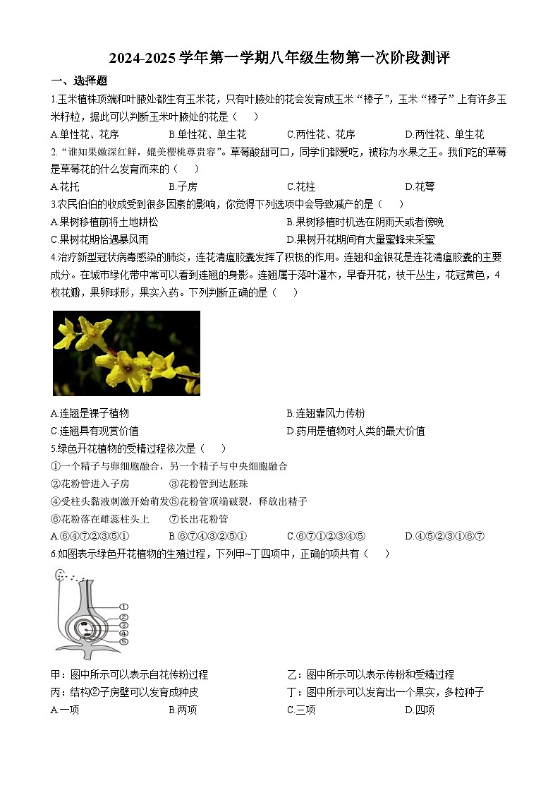 山东省齐河县表白寺镇中学2024-2025学年八年级上学期第一次月考生物试题(无答案)第1页